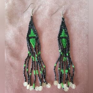 Fashion Seed Bead Boho Green & Black Strand Earrings